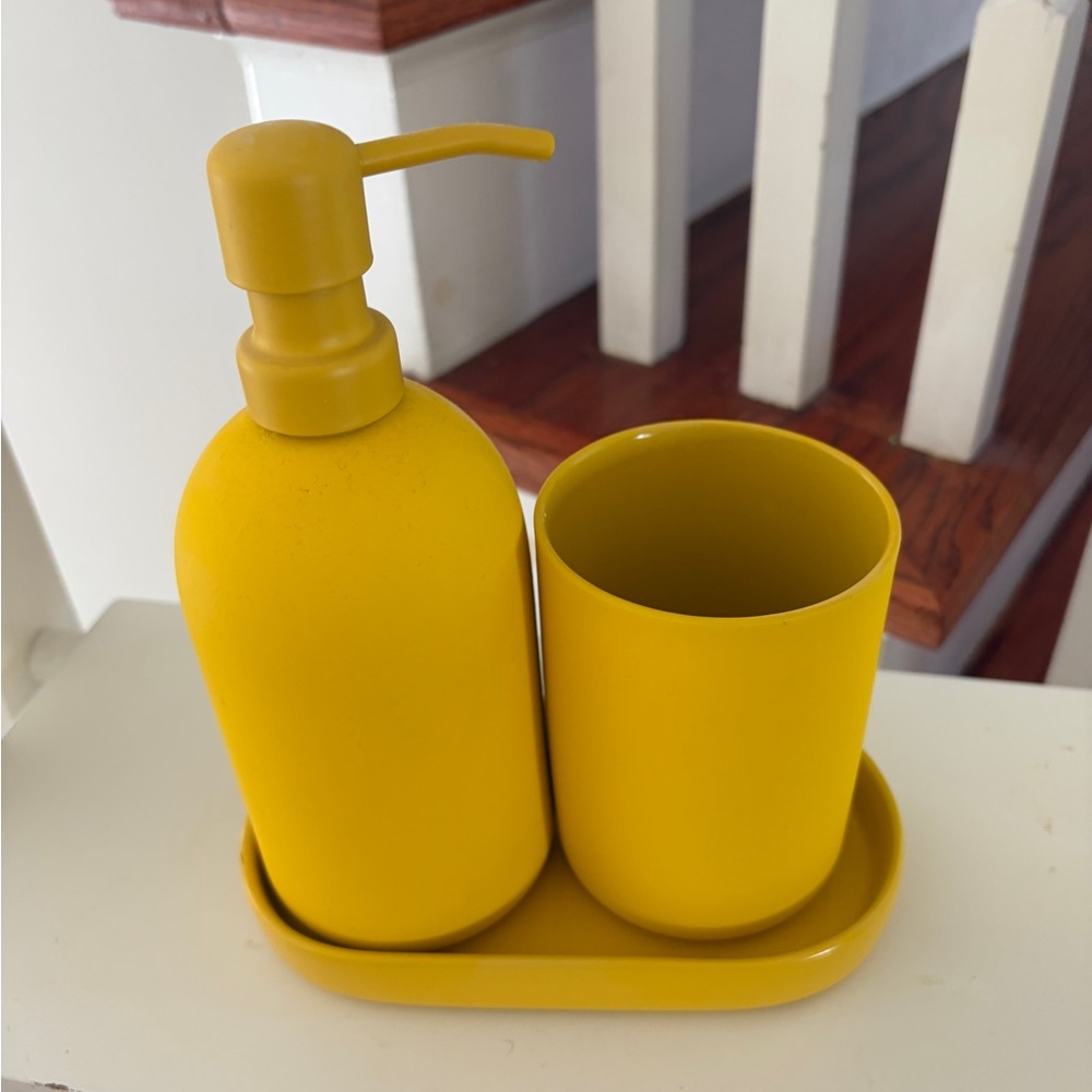 Yellow Bathroom 3 piece Soap Dispenser and Tumbler Set - ikea